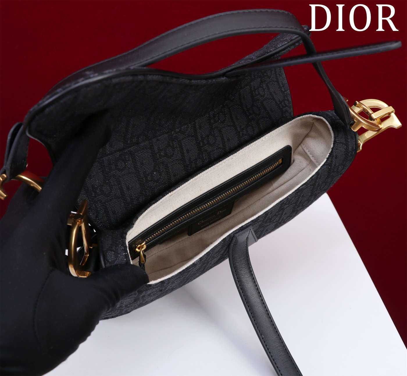 Saddle Bag with Strap Black Dior Oblique Jacquard 